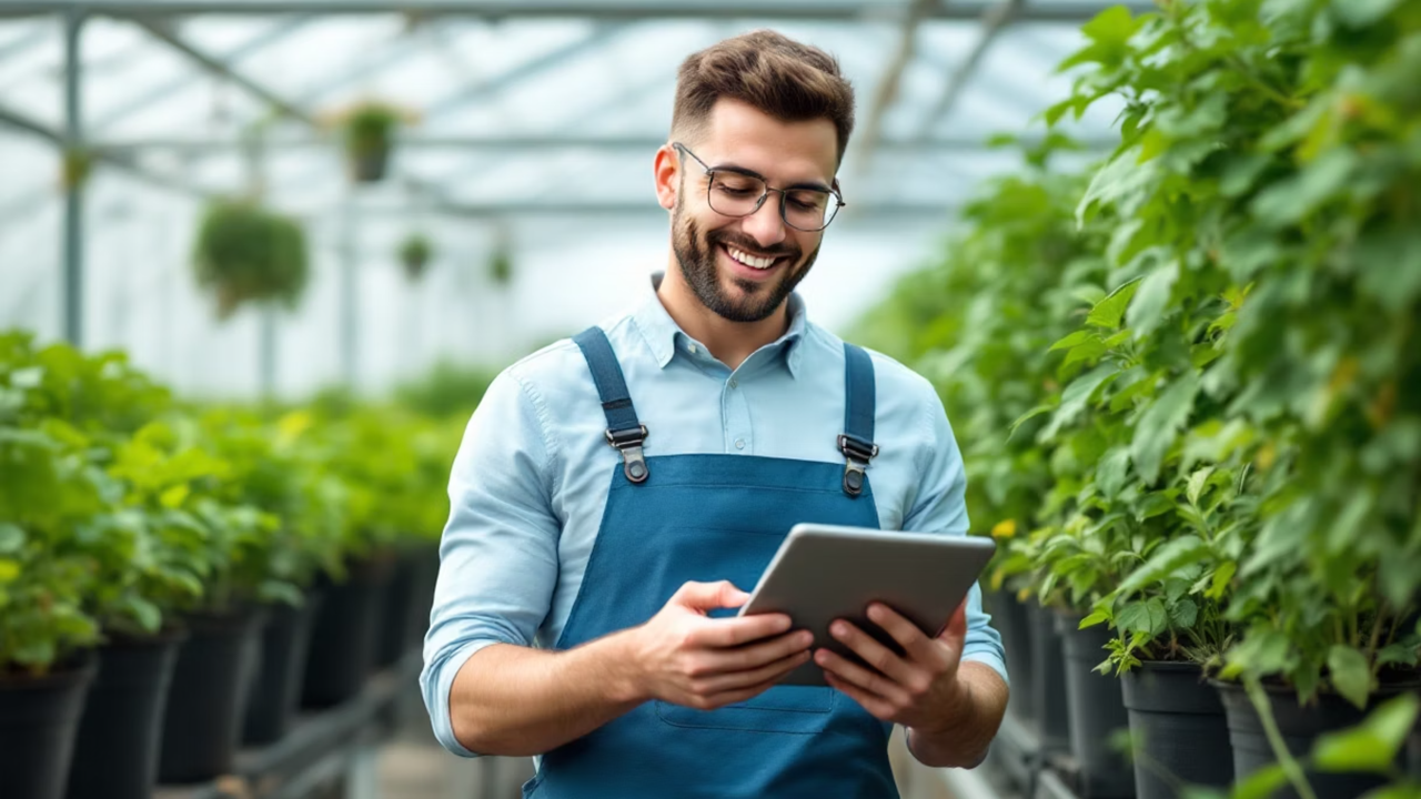 Viverista usando Greenkonnect para gestionar el vivero desde una tablet en Valencia